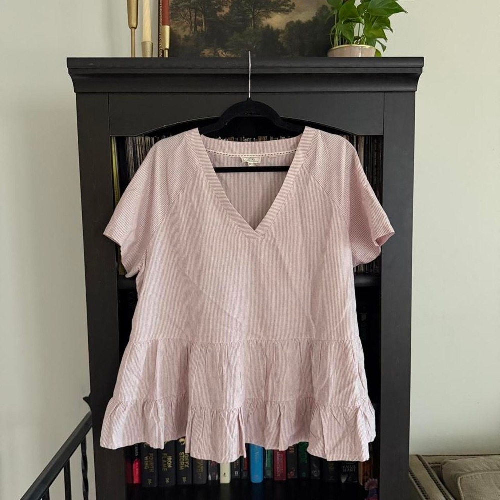 Fat Face Blouse 12 Pink Striped V-Neck Peplum Ruffle Hem Short Sleeve